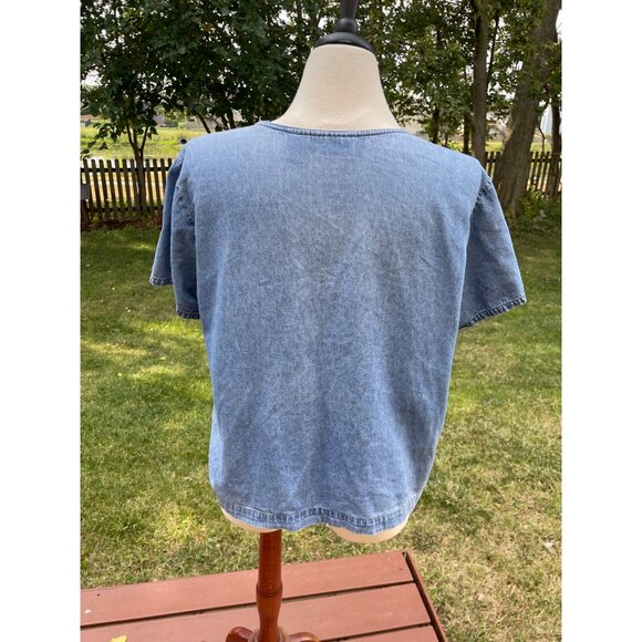 3D Vintage Floral Embroidered Denim Top L Lemon Grass Womens Y2K Button Up - Picture 6 of 9